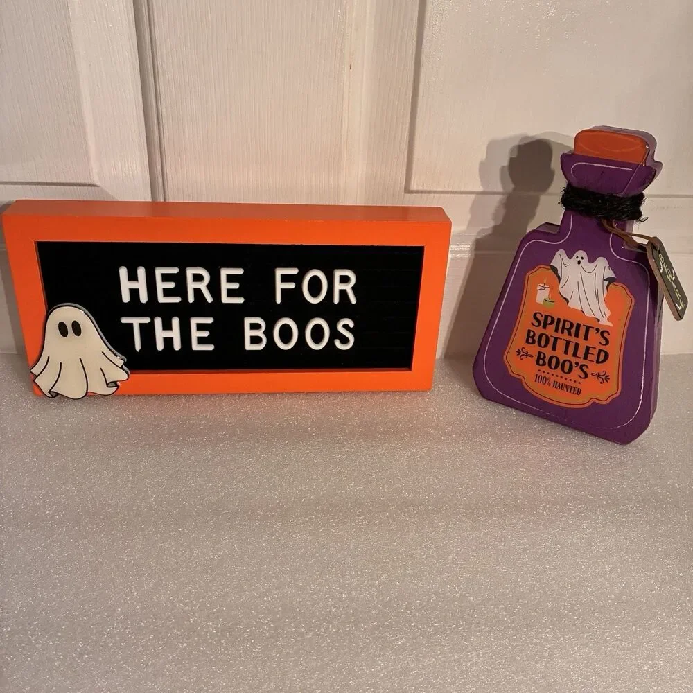 Halloween 2 Piece Block Set. 1 Says HERE FOR THE BOOS & wooden Bottle Of Spirits